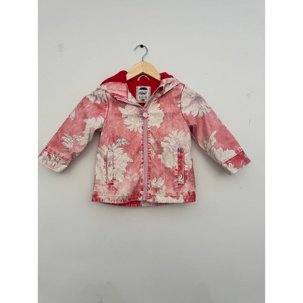 Joules Right as Rain Kids Red Floral Hooded Raincoat Size 4Y/104cm